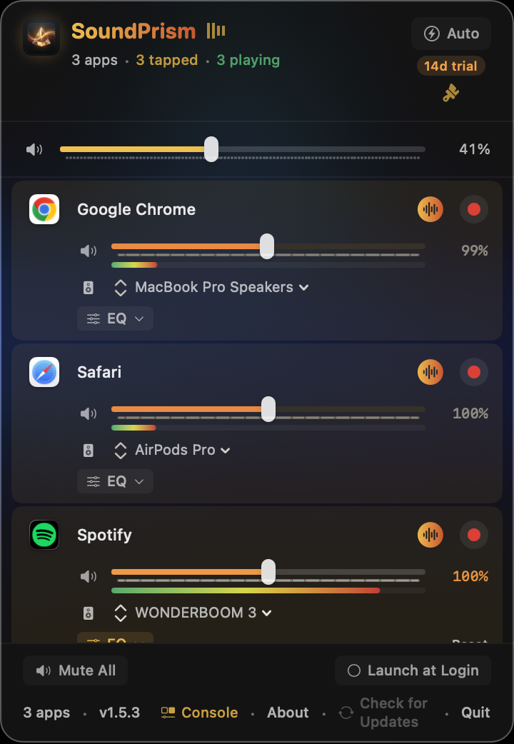 Popover SoundPrism avec contrôles de volume par app pour Chrome, Safari et Spotify avec routage individuel